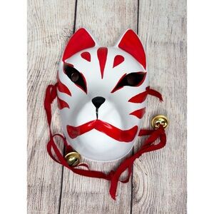 Red and White Kitsune Fox Festival Cosplay Mask with Bells